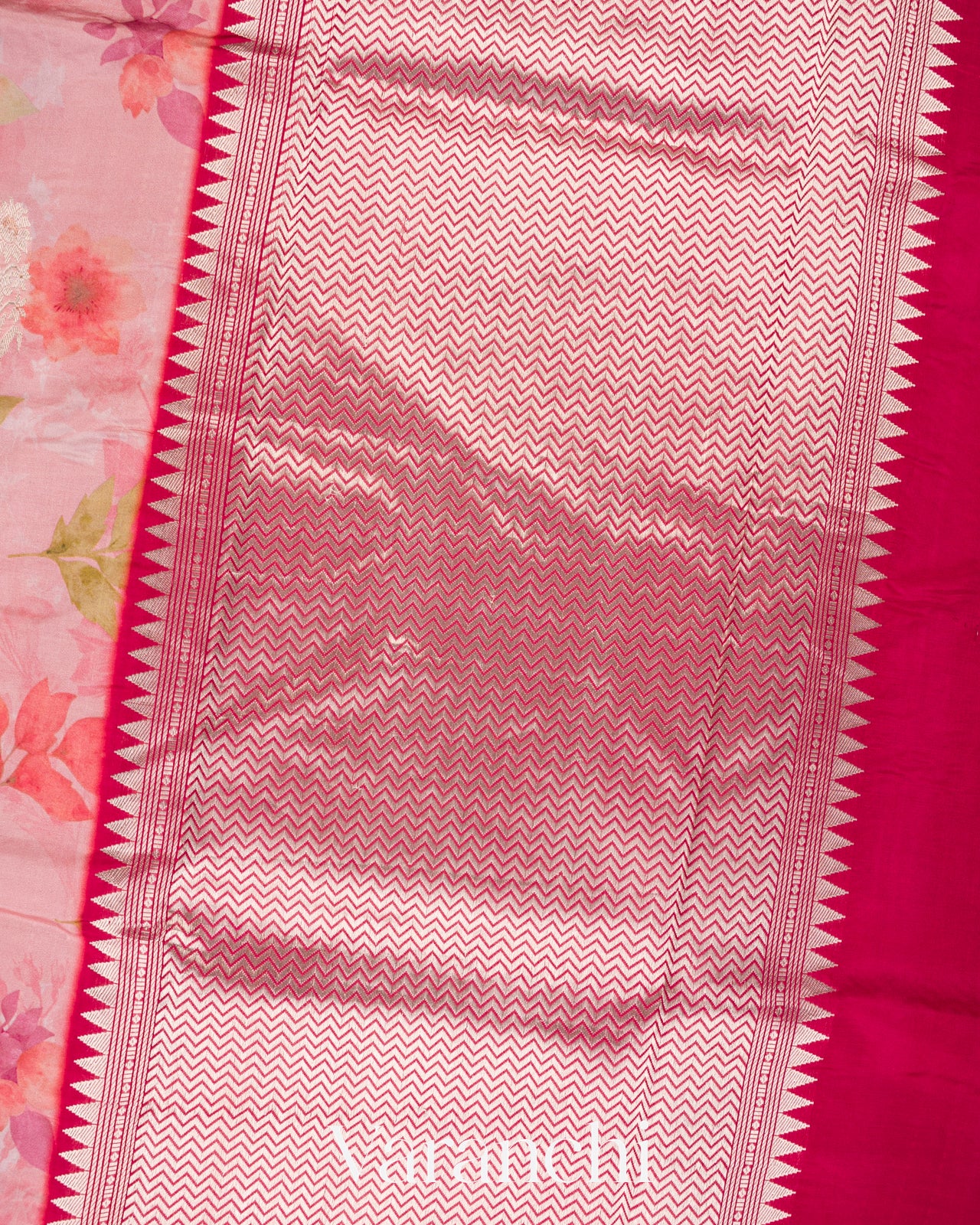 Baby Pink Floral Printed Pure Raw Mango Silk Handloom Saree
