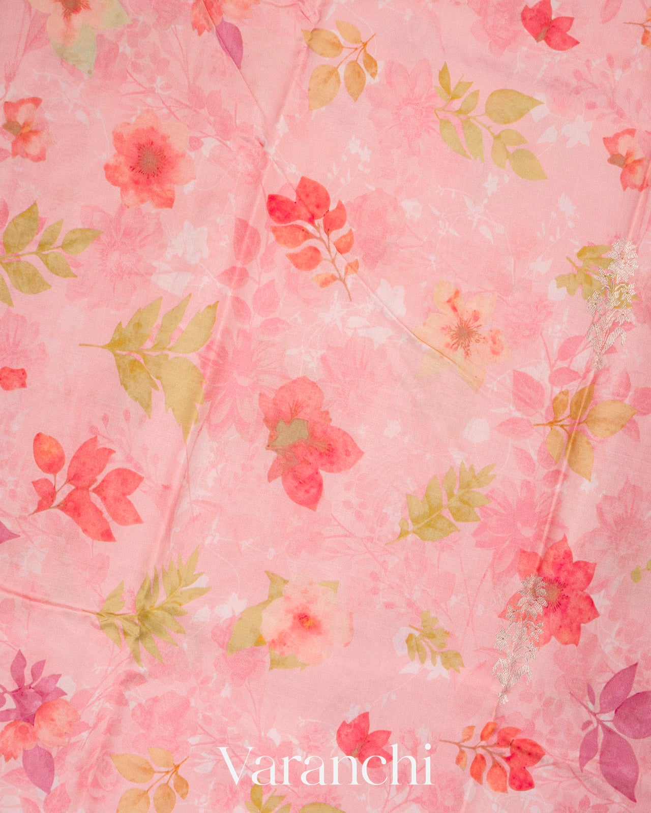 Baby Pink Floral Printed Pure Raw Mango Silk Handloom Saree
