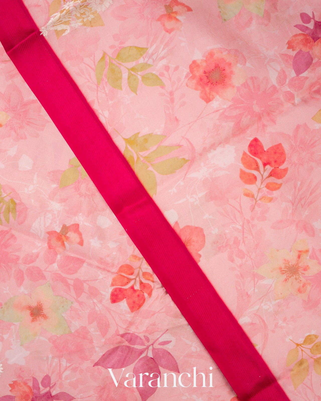 Baby Pink Floral Printed Pure Raw Mango Silk Handloom Saree