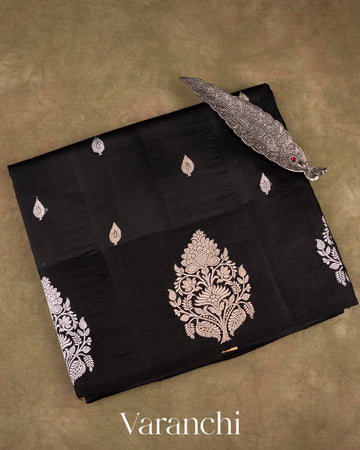 Deep Black Pure Raw Mango Silk Handloom Saree