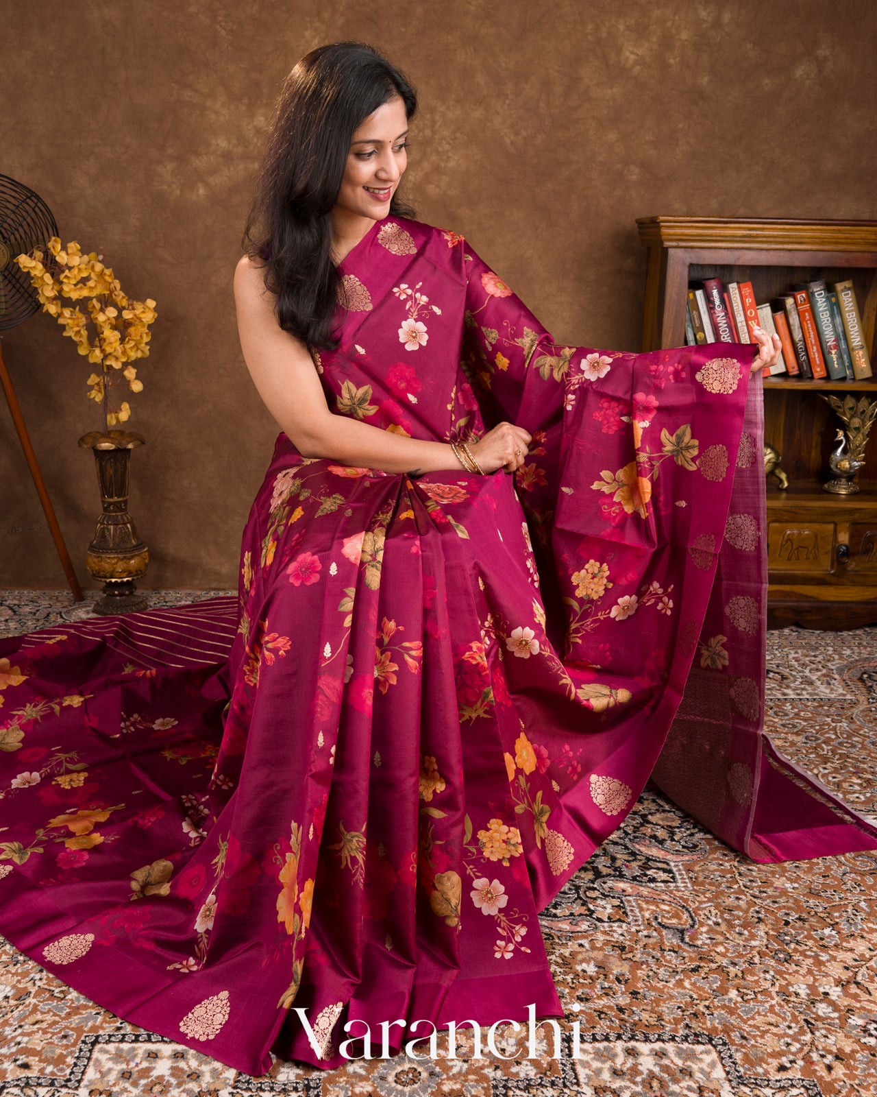 Burgundy Floral Printed Pure Raw Mango Silk Handloom Saree