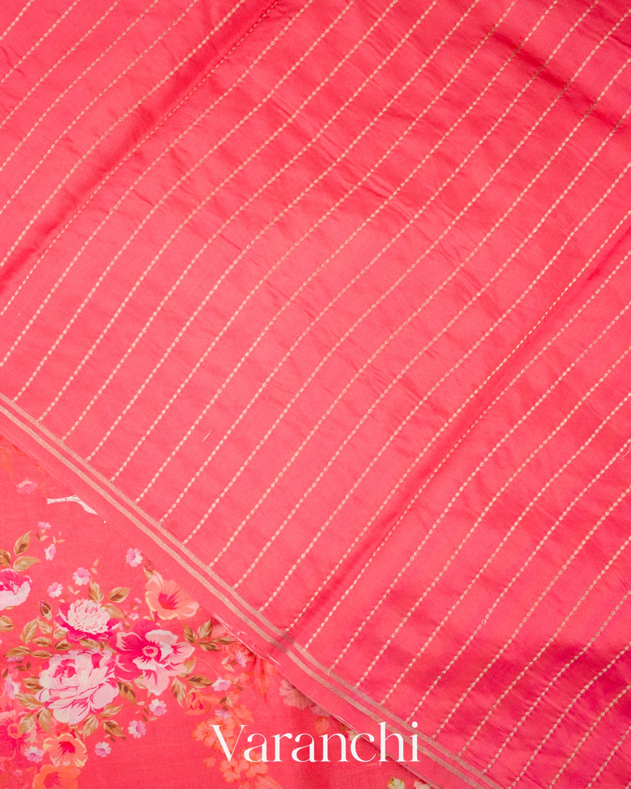 Deep Coral Pink Floral Printed Pure Raw Mango Silk Handloom Saree