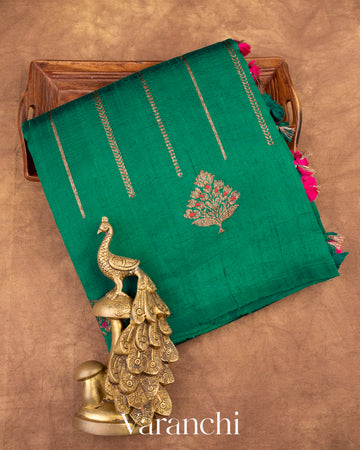 Bottle Green Raw Silk Handloom Borderless Saree