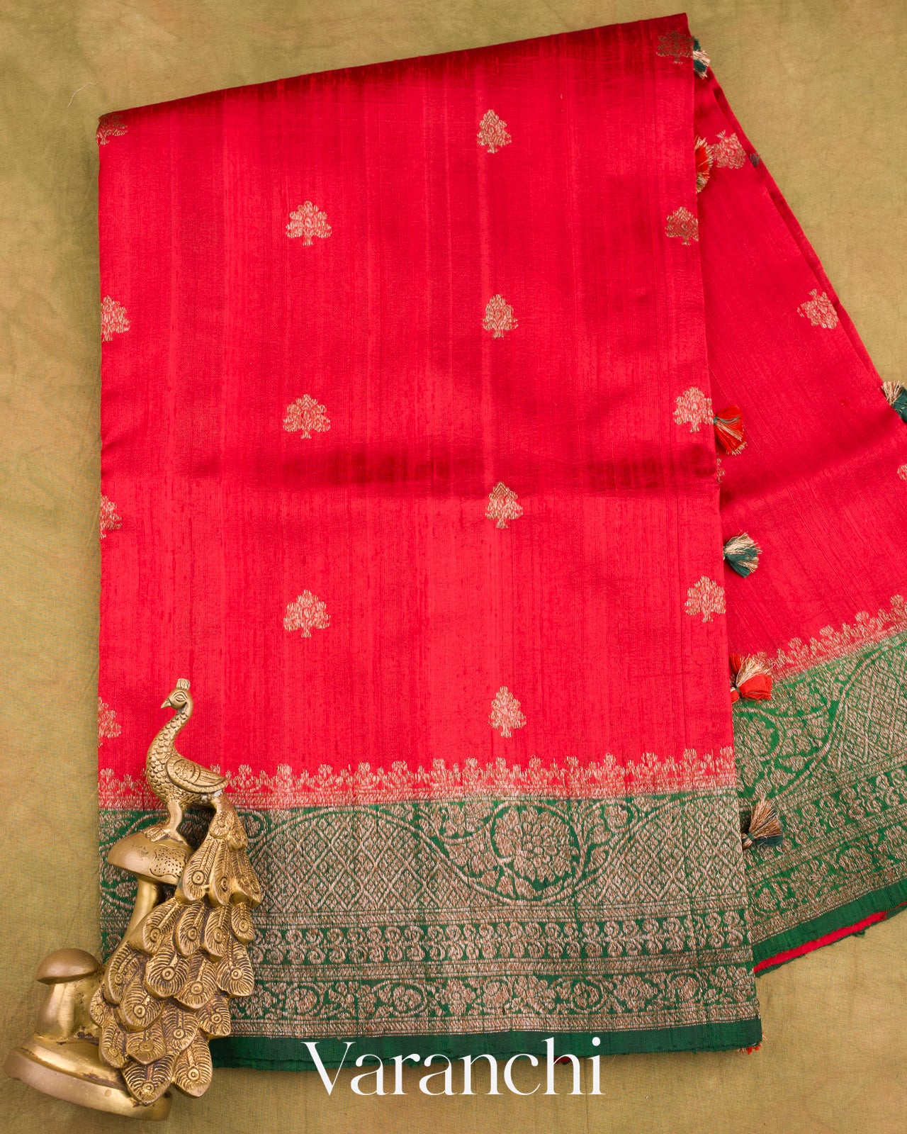 Bright Red Pure Raw Silk Handloom Saree