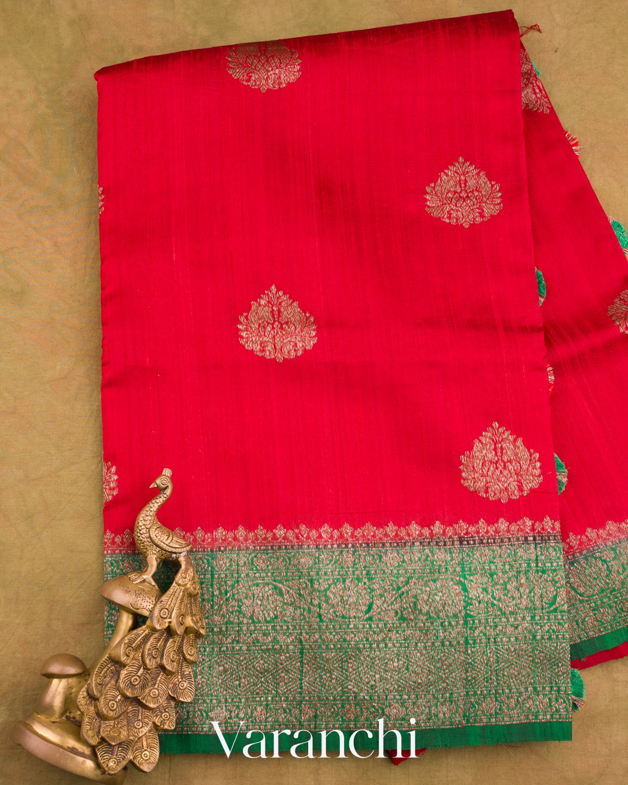 Bright Red Pure Raw Silk Handloom Saree