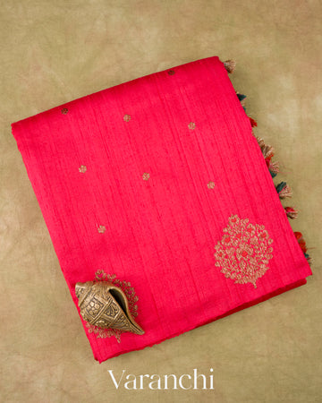 Cherry Red Borderless Pure Raw Silk Handloom Saree