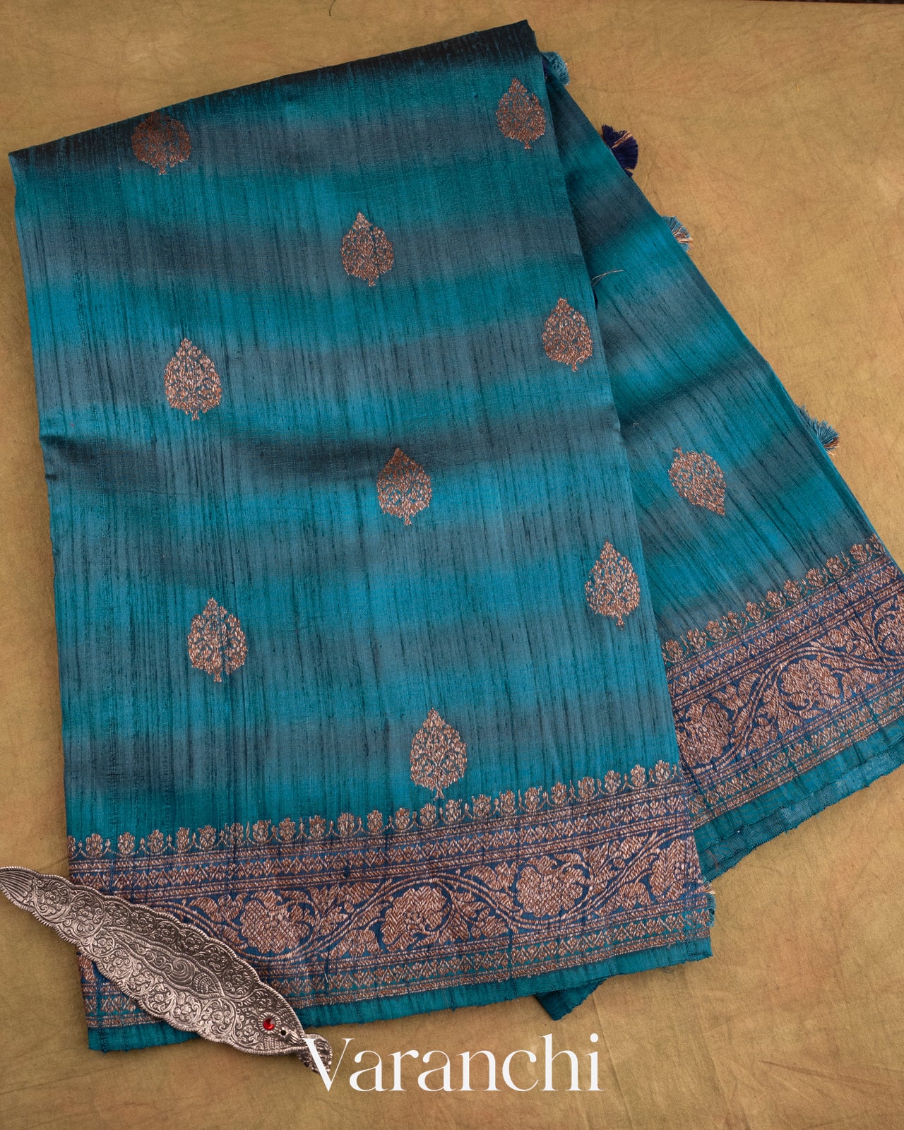 Shades Of German Blue Shibori Raw Silk Handloom Saree