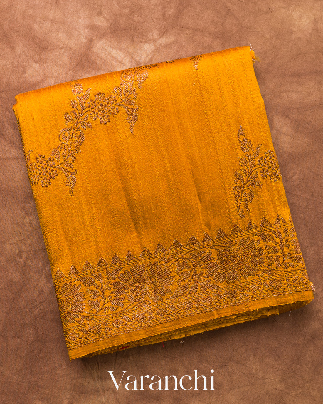 Mustard Yellow Lehariya Pure Raw Silk Handloom Saree