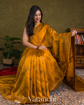 Mustard Yellow Lehariya Pure Raw Silk Handloom Saree
