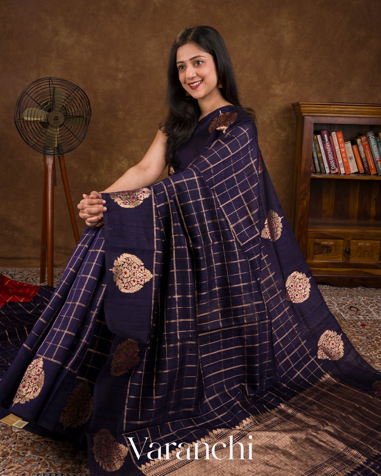 Midnight Navy Blue Checks Pure Raw Silk Handloom Saree 