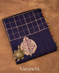 Midnight Navy Blue Checks Pure Raw Silk Handloom Saree 