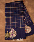 Midnight Navy Blue Checks Pure Raw Silk Handloom Saree 
