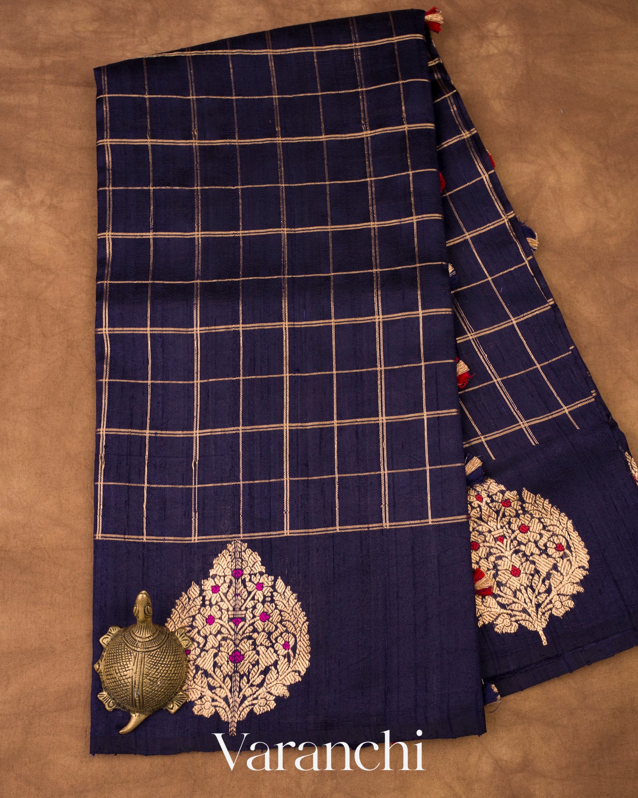 Midnight Navy Blue Checks Pure Raw Silk Handloom Saree 