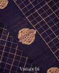 Midnight Navy Blue Checks Pure Raw Silk Handloom Saree 