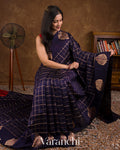 Midnight Navy Blue Checks Pure Raw Silk Handloom Saree 