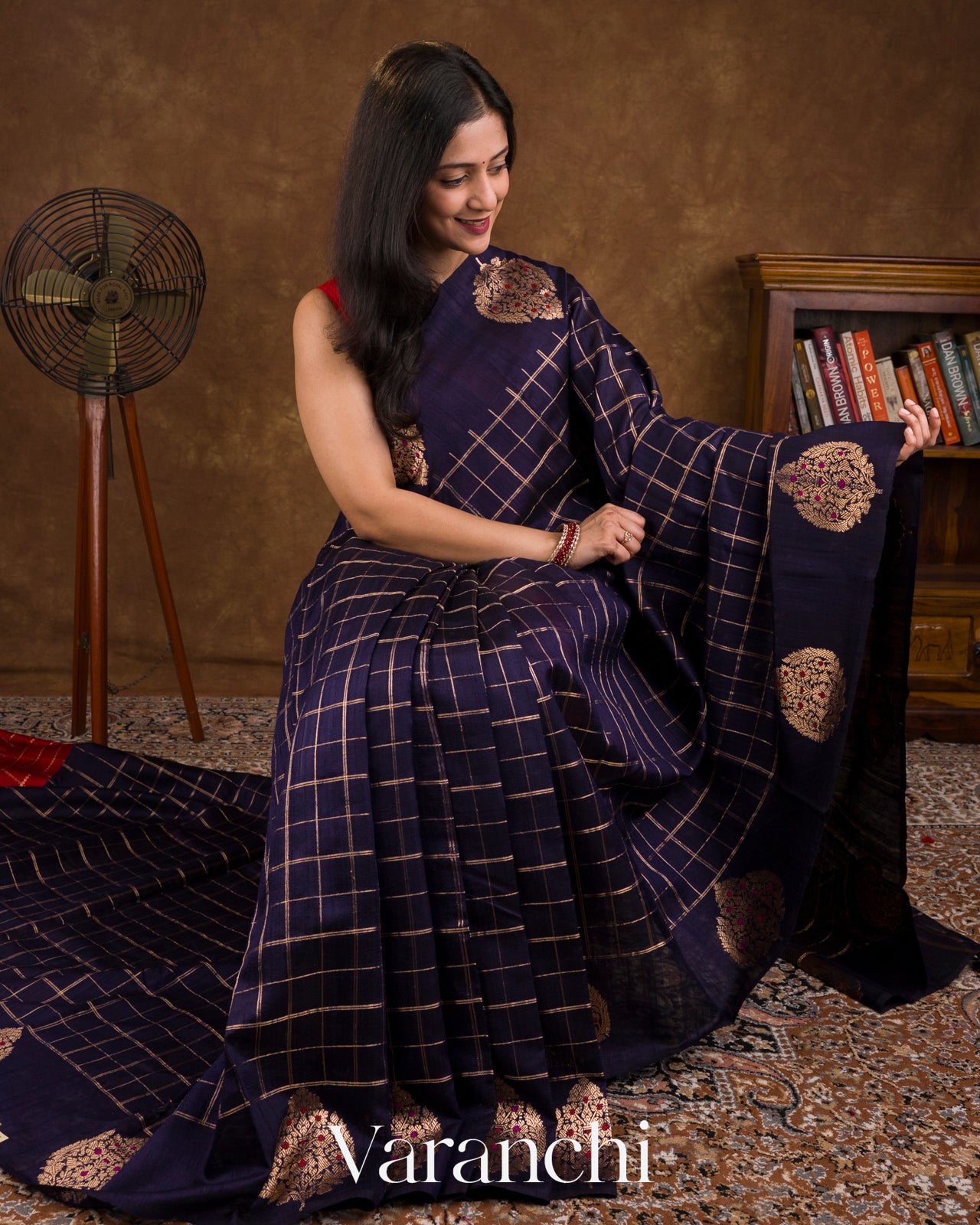 Midnight Navy Blue Checks Pure Raw Silk Handloom Saree 