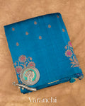 Prussian Blue Borderless Pure Raw Silk Handloom Saree