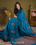 Prussian Blue Borderless Pure Raw Silk Handloom Saree
