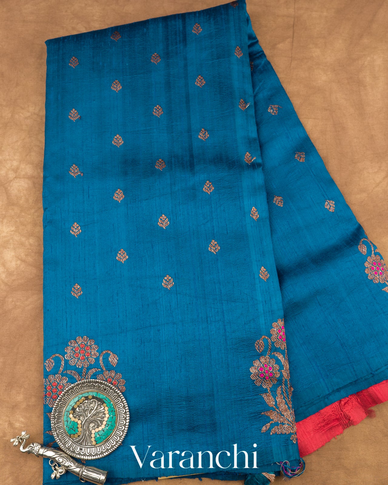 Prussian Blue Borderless Pure Raw Silk Handloom Saree