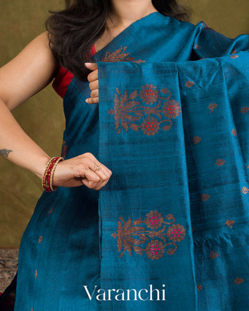Prussian Blue Borderless Pure Raw Silk Handloom Saree