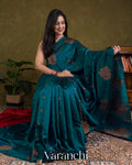 Teal Blue Borderless Pure Raw Silk Handloom Saree