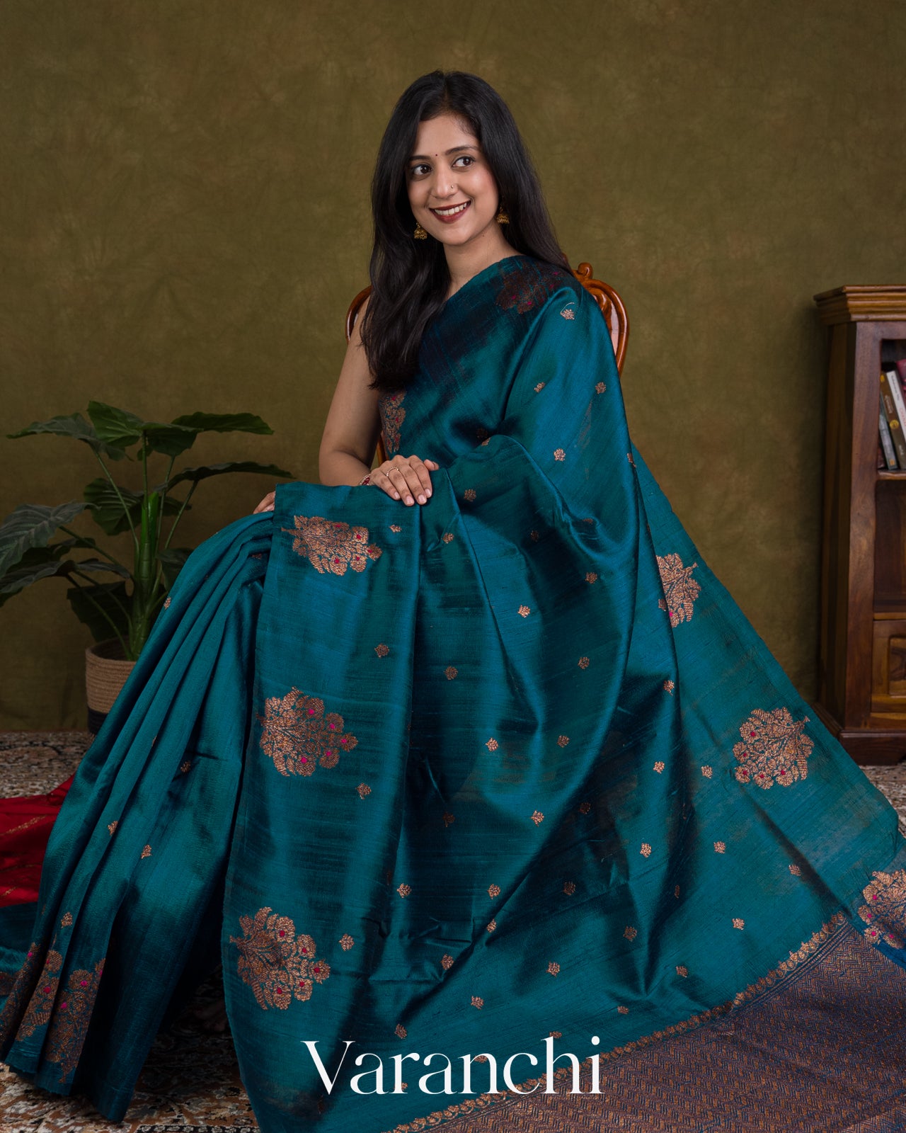 Teal Blue Borderless Pure Raw Silk Handloom Saree