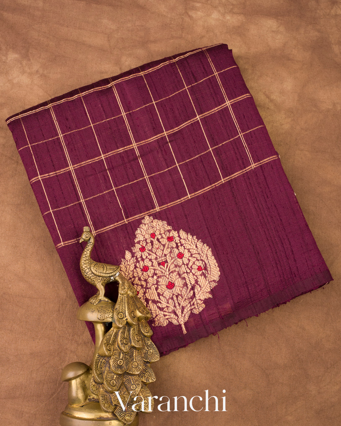 Wine Purple Checks Pure Raw Silk Handloom Saree   