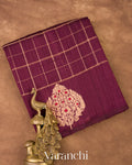 Wine Purple Checks Pure Raw Silk Handloom Saree   