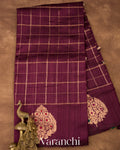 Wine Purple Checks Pure Raw Silk Handloom Saree   