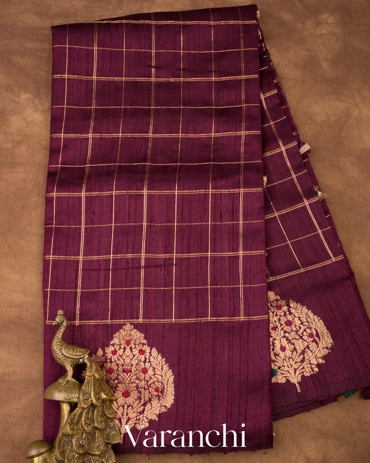 Wine Purple Checks Pure Raw Silk Handloom Saree   