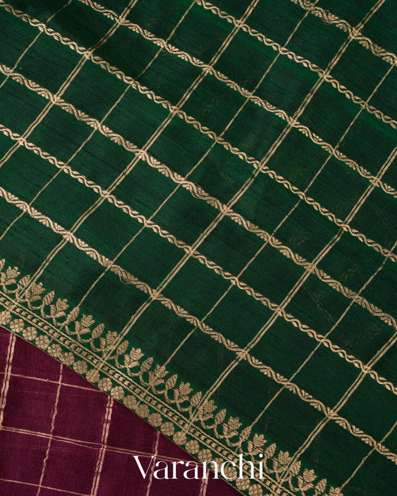 Wine Purple Checks Pure Raw Silk Handloom Saree   