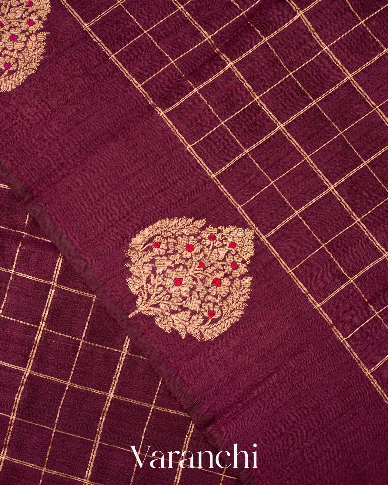 Wine Purple Checks Pure Raw Silk Handloom Saree   
