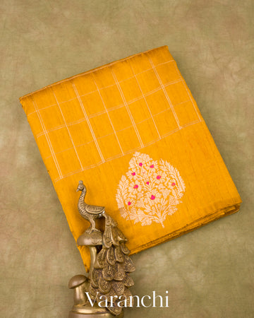 Turmeric Yellow Checks Pure Raw Silk Handloom Saree  