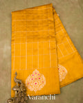 Turmeric Yellow Checks Pure Raw Silk Handloom Saree  