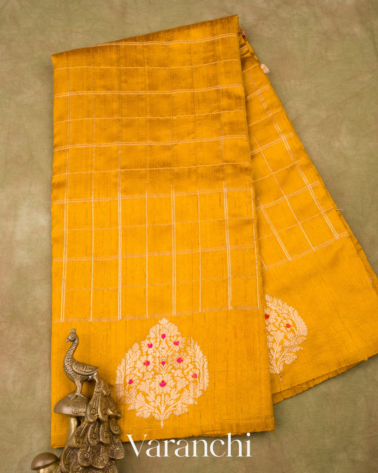 Turmeric Yellow Checks Pure Raw Silk Handloom Saree  