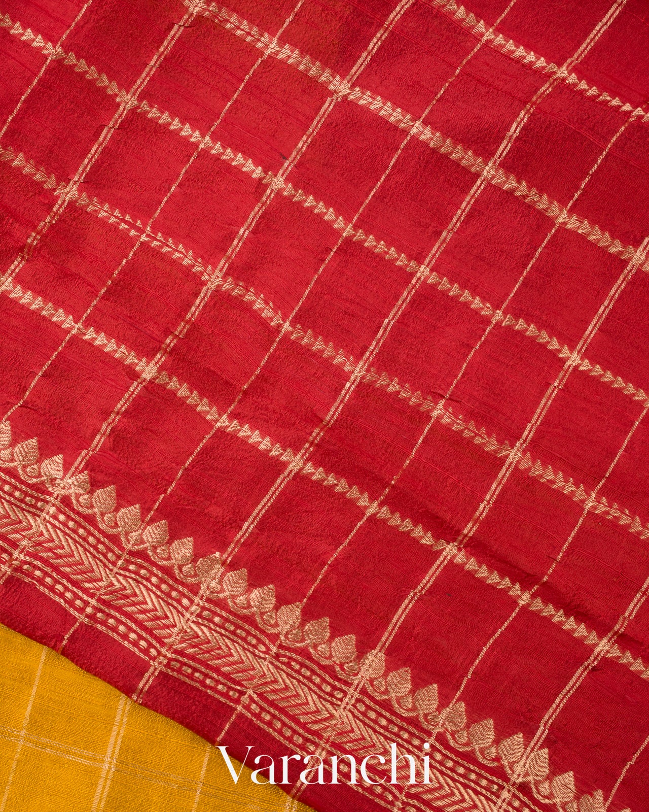 Turmeric Yellow Checks Pure Raw Silk Handloom Saree  