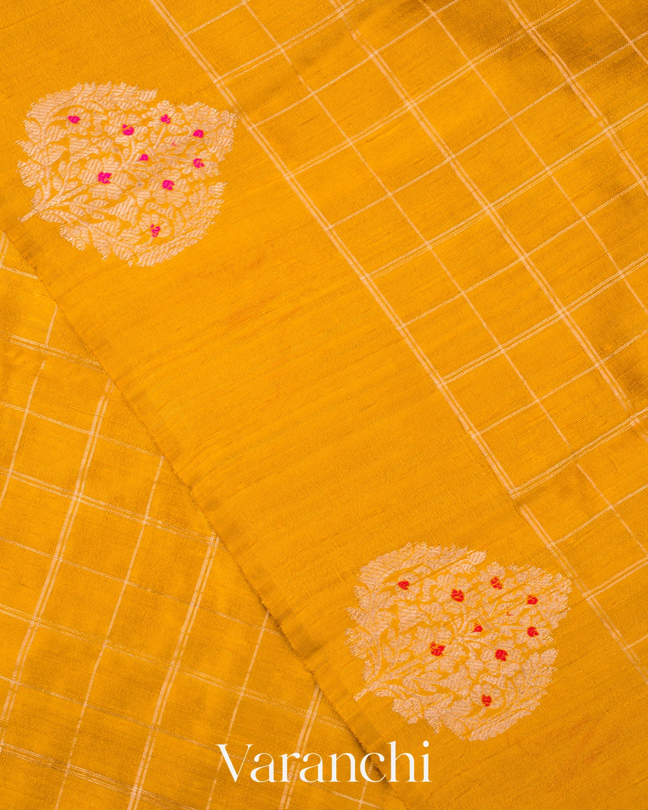 Turmeric Yellow Checks Pure Raw Silk Handloom Saree  