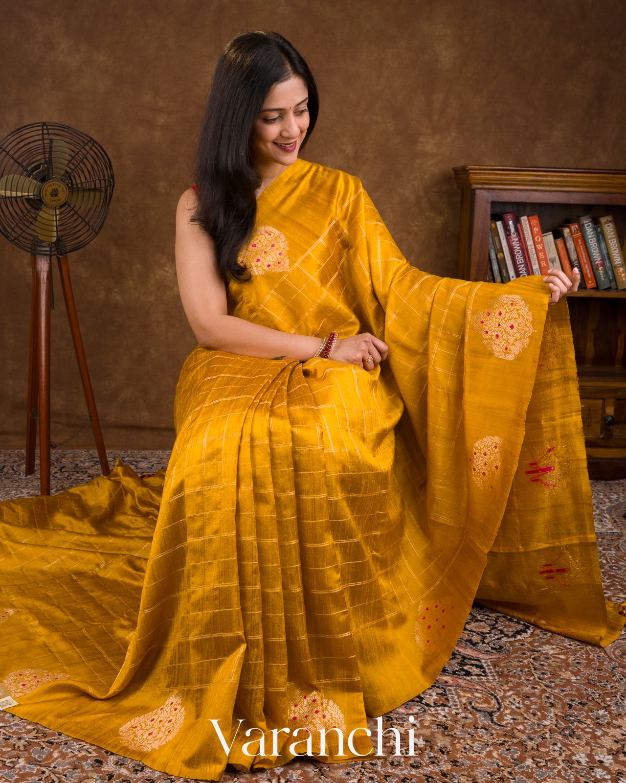 Turmeric Yellow Checks Pure Raw Silk Handloom Saree  