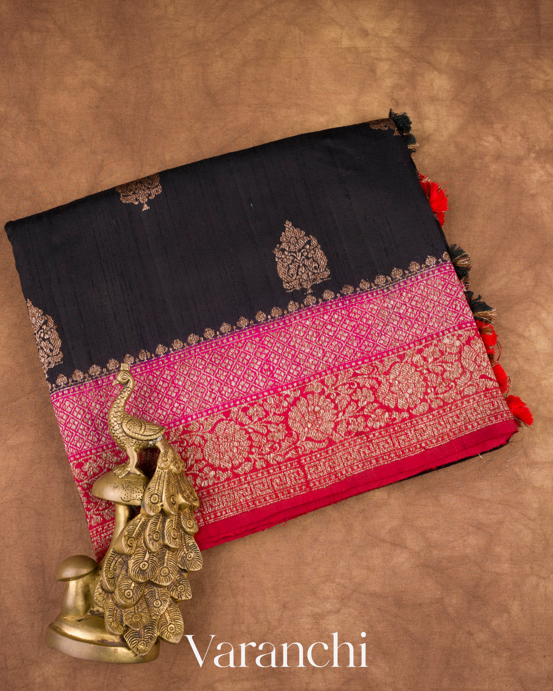Deep Black Pure Raw Silk Handloom Saree
