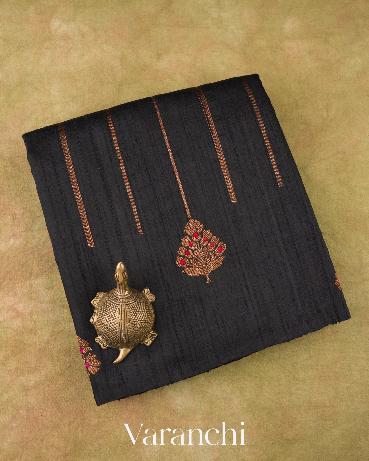 Charcoal Black Borderless Striped Pure Raw Silk Handloom Saree