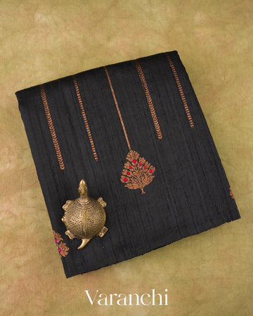 Charcoal Black Borderless Striped Pure Raw Silk Handloom Saree