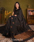 Charcoal Black Borderless Striped Pure Raw Silk Handloom Saree