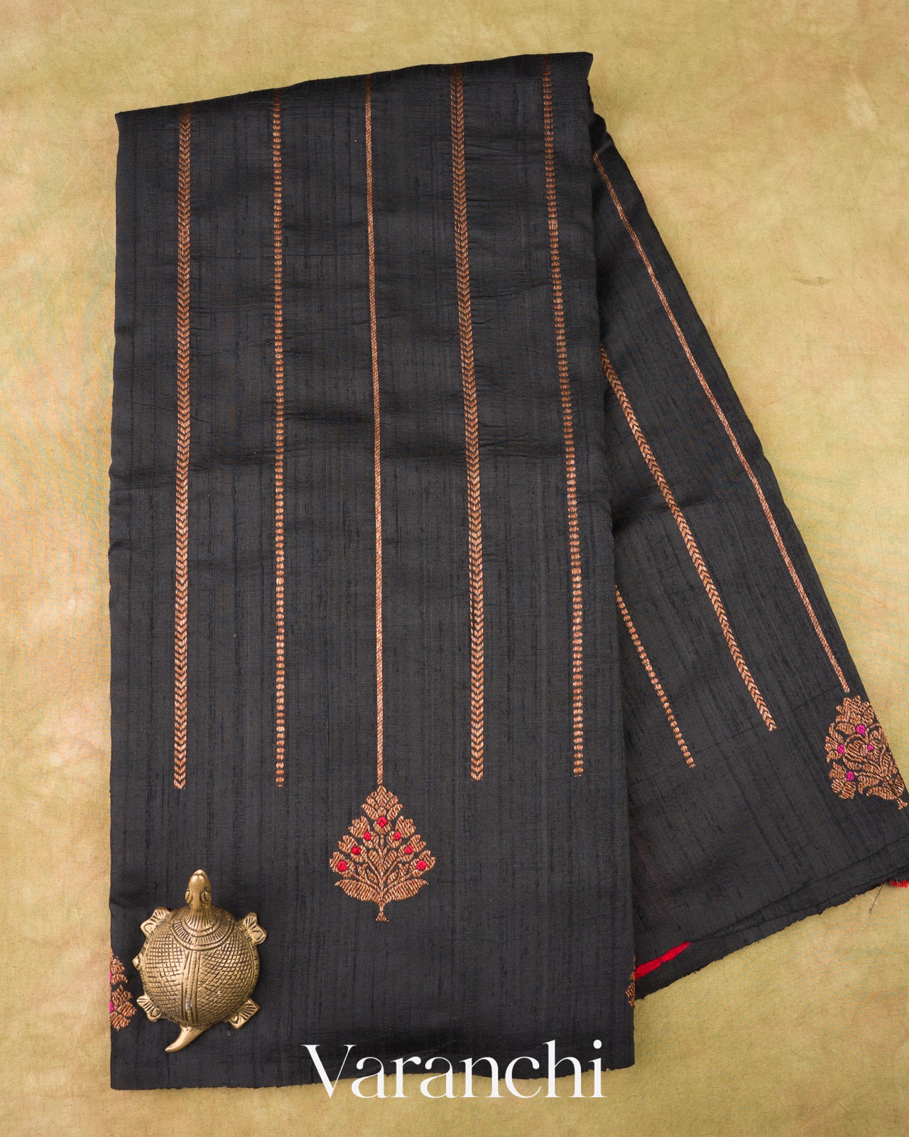 Charcoal Black Borderless Striped Pure Raw Silk Handloom Saree