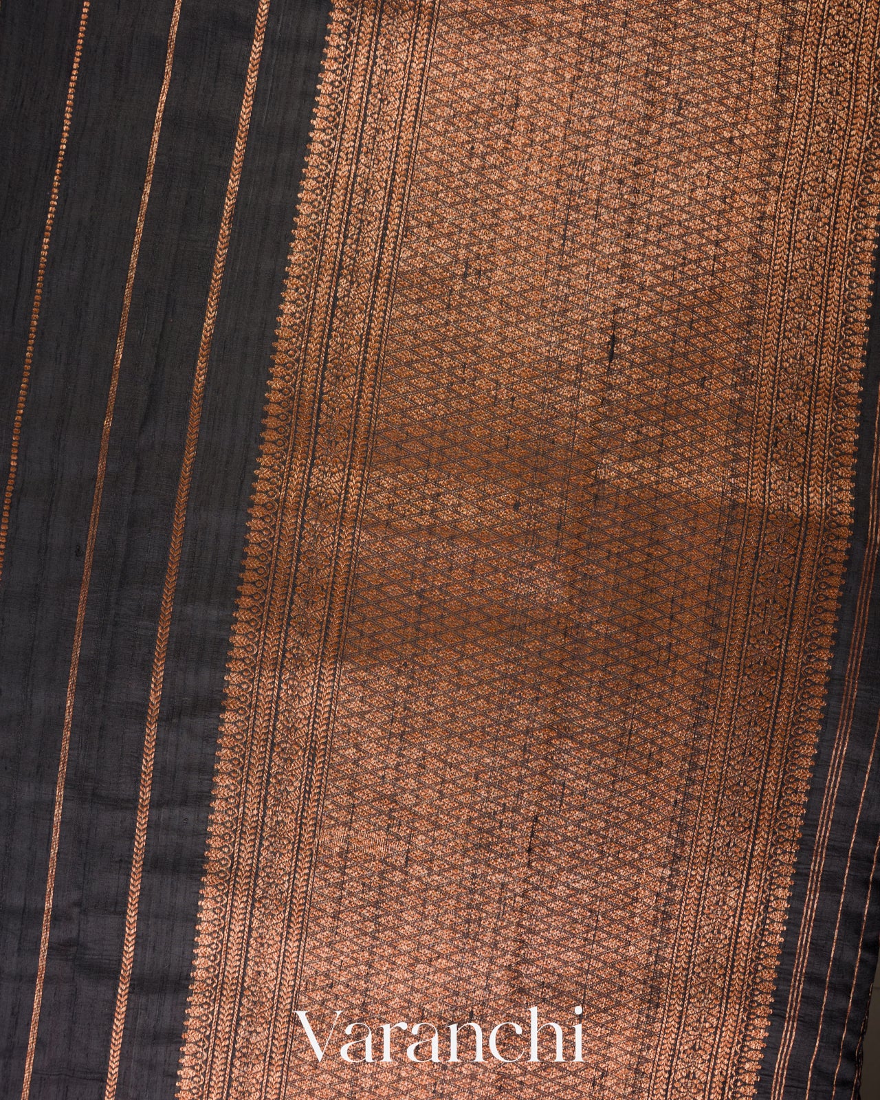 Charcoal Black Borderless Striped Pure Raw Silk Handloom Saree