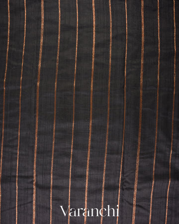 Charcoal Black Borderless Striped Pure Raw Silk Handloom Saree