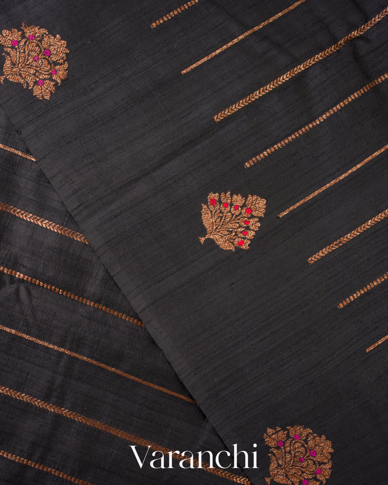 Charcoal Black Borderless Striped Pure Raw Silk Handloom Saree