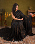 Charcoal Black Borderless Striped Pure Raw Silk Handloom Saree