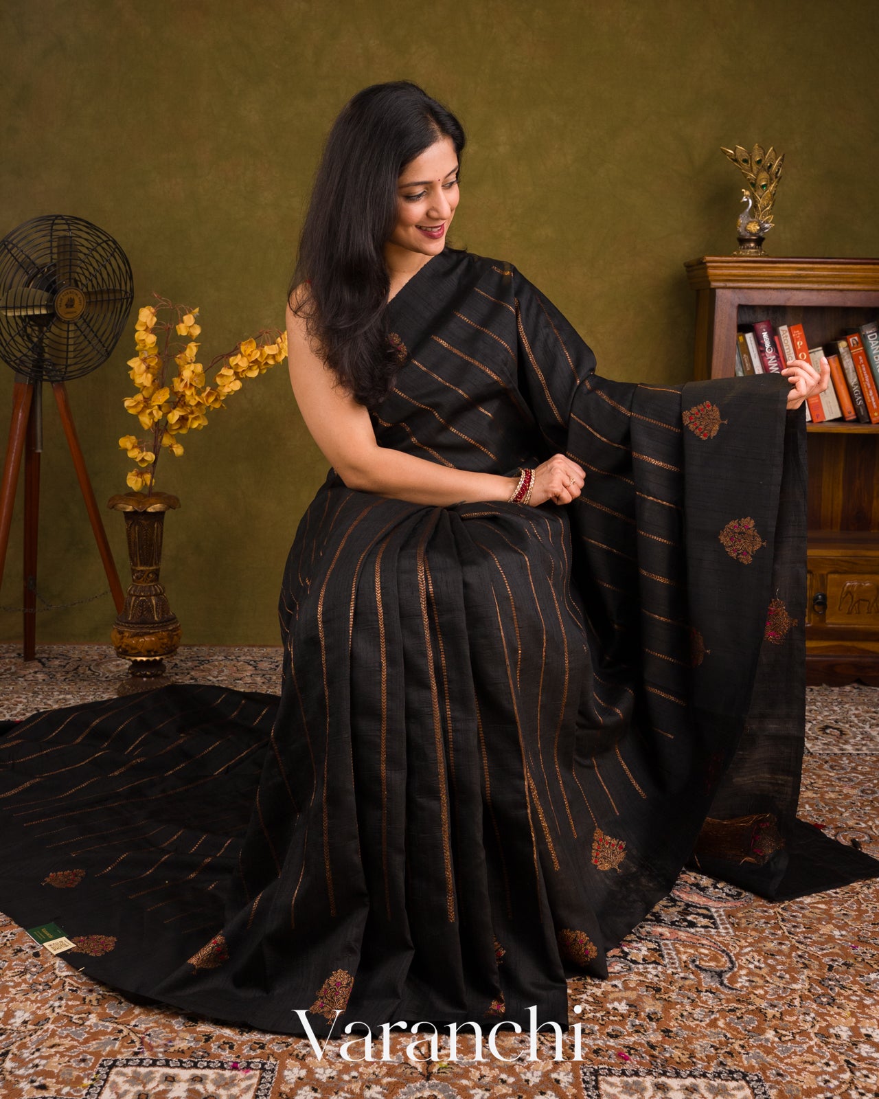 Charcoal Black Borderless Striped Pure Raw Silk Handloom Saree