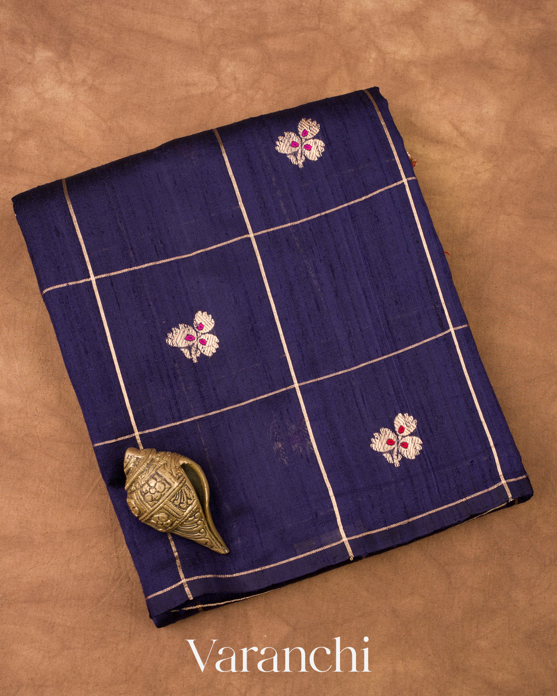 Inky Navy Blue Checks Raw Silk Handloom Saree 