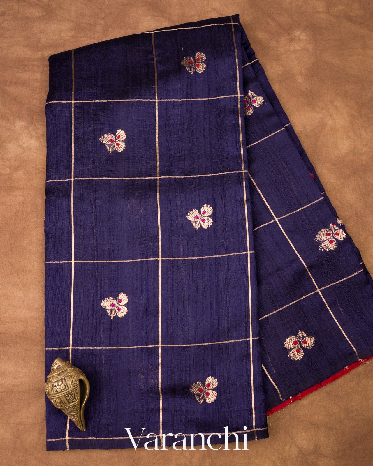 Inky Navy Blue Checks Raw Silk Handloom Saree 
